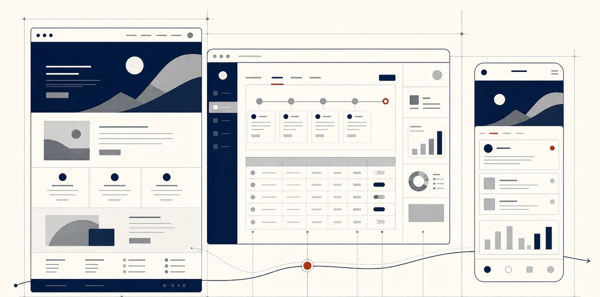 Un site vitrine, une application métier et une application mobile, reliés par un même flux d’information.